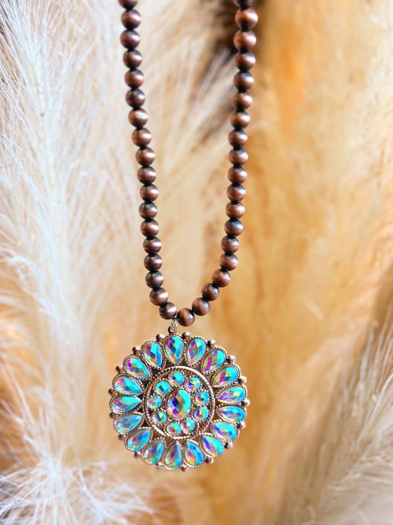 Rose gold beaded necklace with Turquoise crystal concho pendant