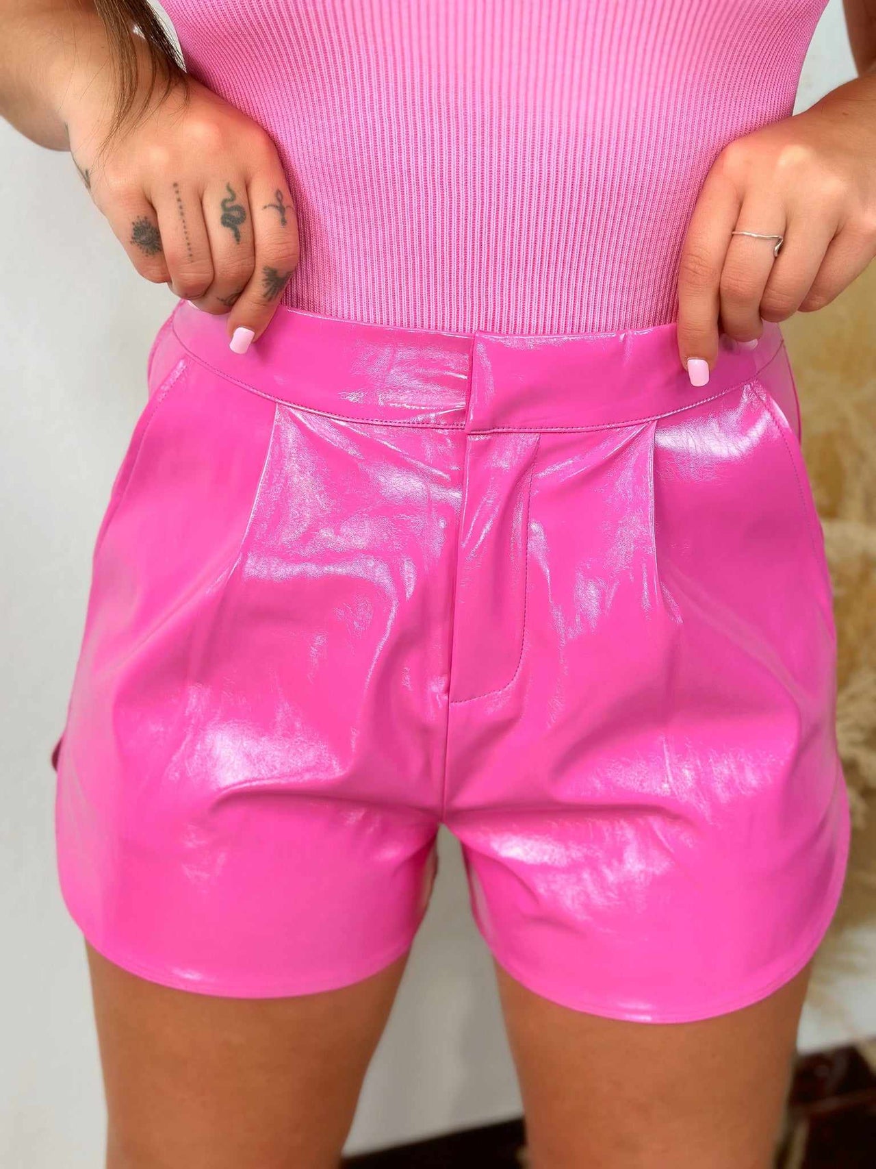 Barbie pink faux leather shorts