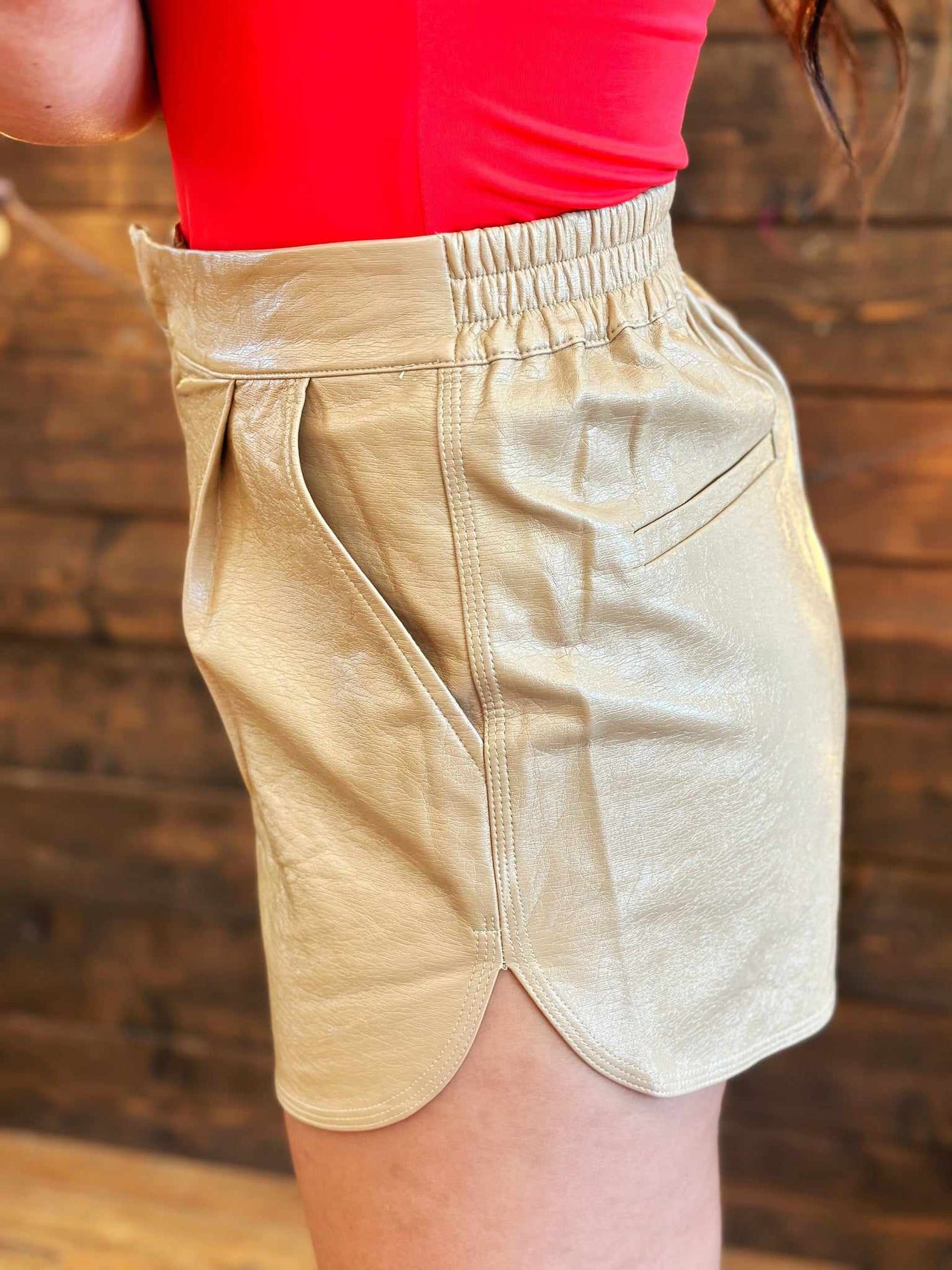 Khaki High waisted faux leather shorts