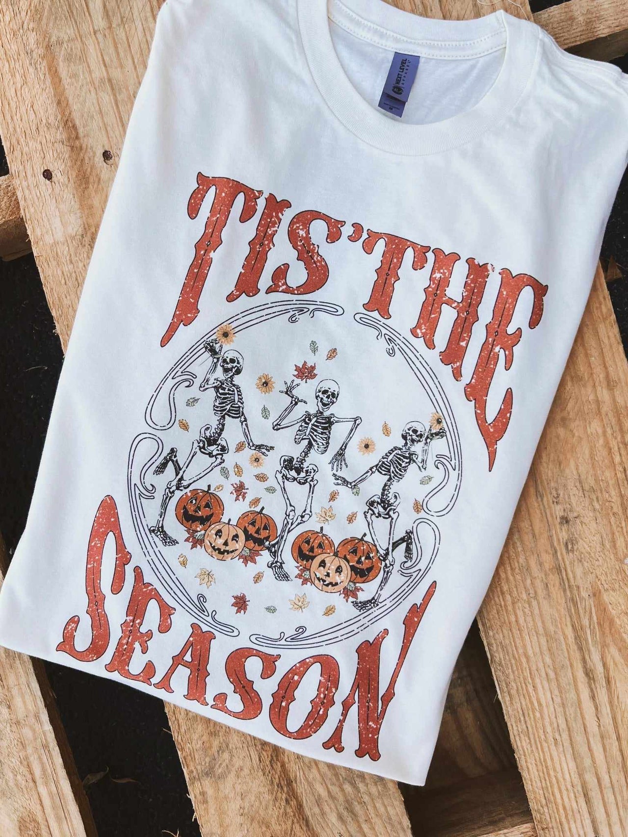 Tis The Season Pumpkin and Skeleton T shirt - White