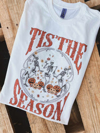 Thumbnail for Tis The Season Pumpkin and Skeleton T shirt - White