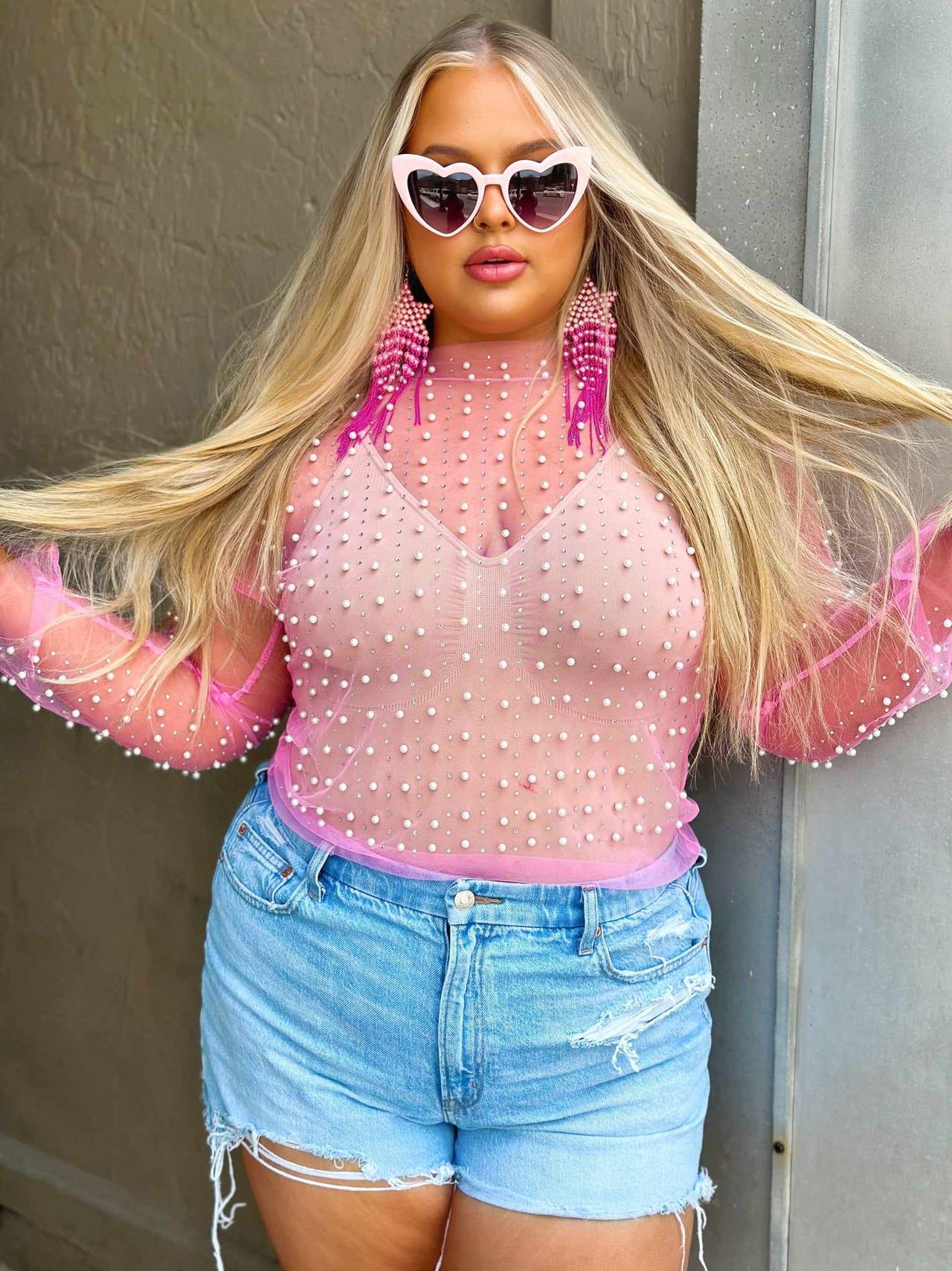 Pink Sheer Top with Pearls for Women