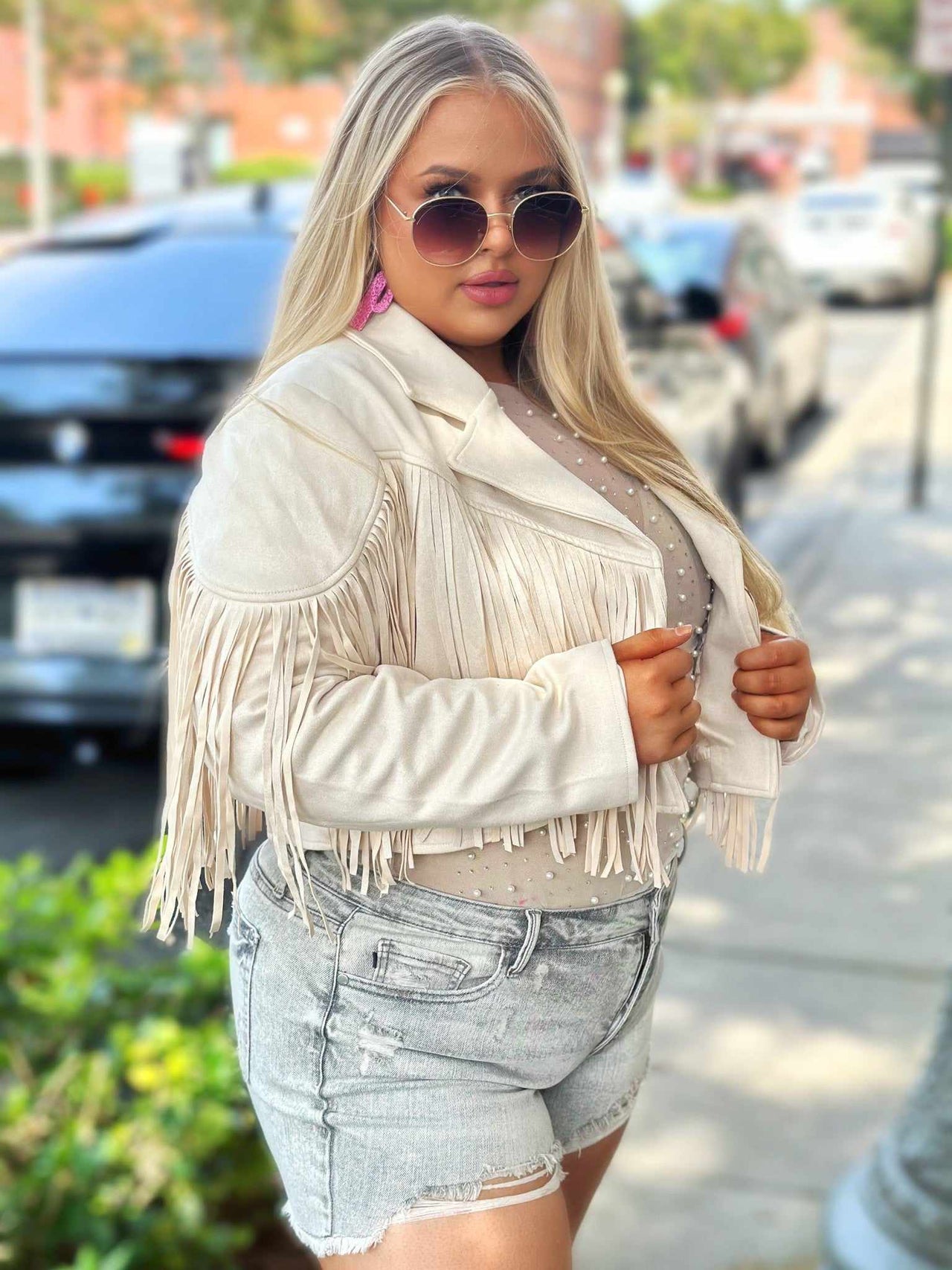 CREAM SUEDE MOTO JACKET with fringe for women