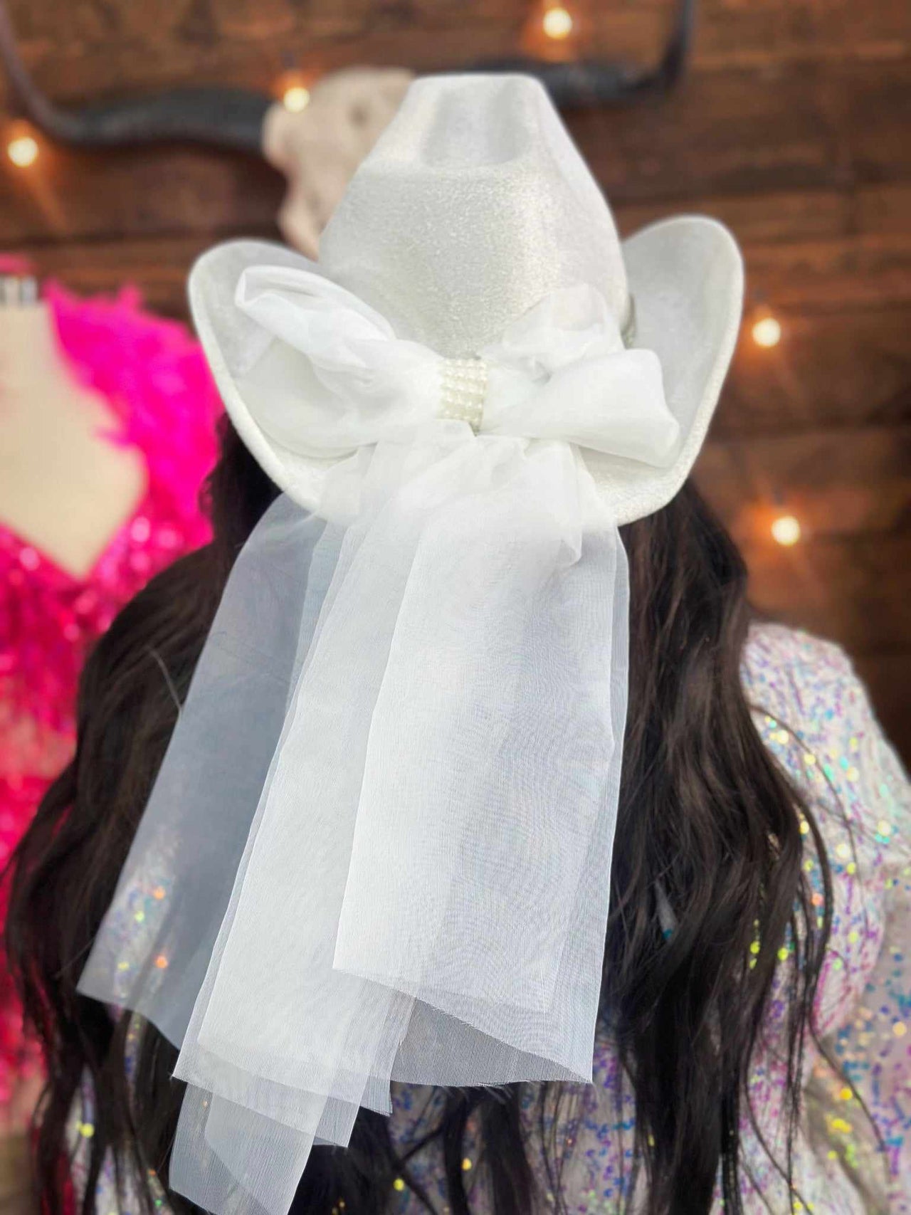 White cowgirl hat with veil