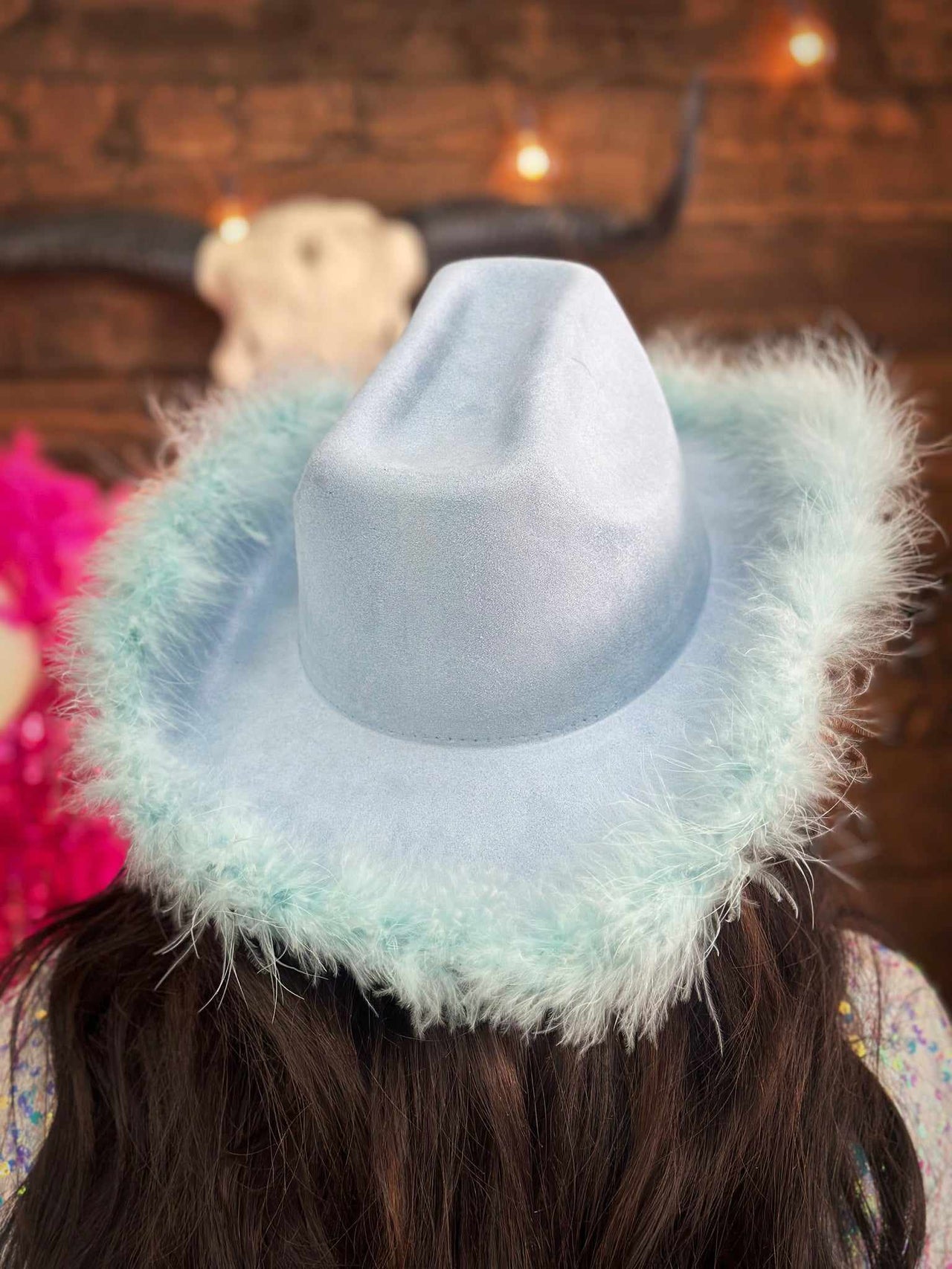 Blue boa trim cowgirl hat