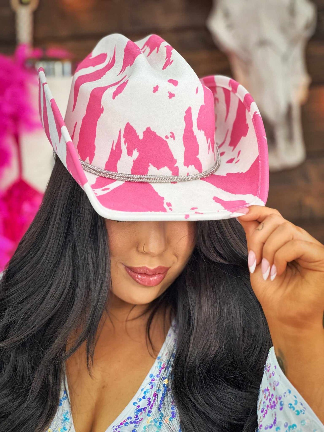 Pink cow print cowgirl hat