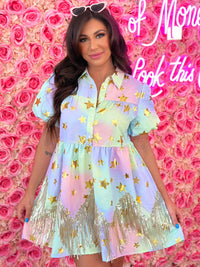Thumbnail for Pink and lavender shirt dress with gold stars