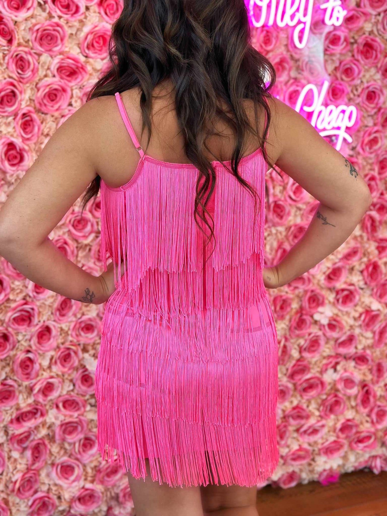Pink fringe party dress.