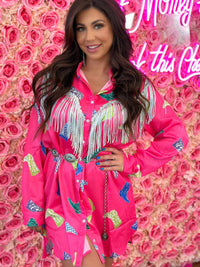 Thumbnail for Cowgirl pink shirt dress with fringe