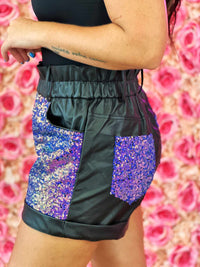 Thumbnail for Black faux leather short with purple sequins