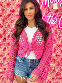 Thumbnail for Hooked On You Cropped Sweater Cardigan - Pink