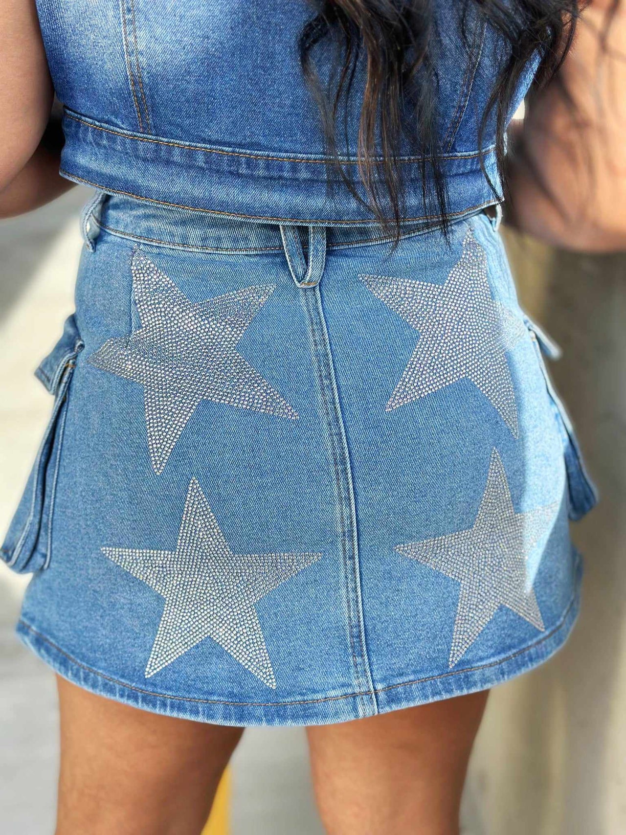 Cargo jean skirt with rhinestone stars