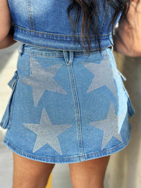 Thumbnail for Cargo jean skirt with rhinestone stars