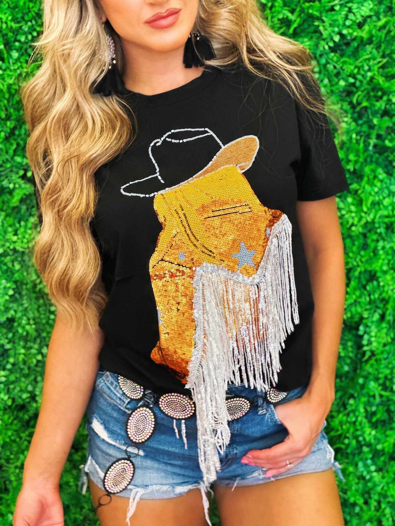 Party Up Cowgirl Sequin Fringe Shirt - Black Gold