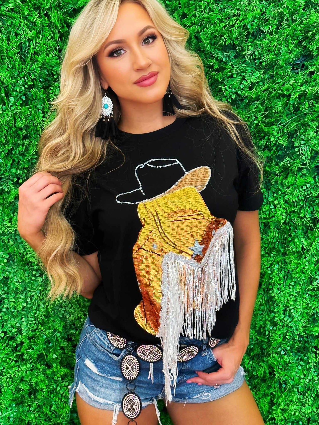 Party Up Cowgirl Sequin Fringe Shirt - Black Gold