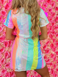 Thumbnail for Neon Rainbow Sequin Short Sleeve Wrap Dress
