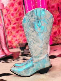Thumbnail for Sky blue metallic western boots.
