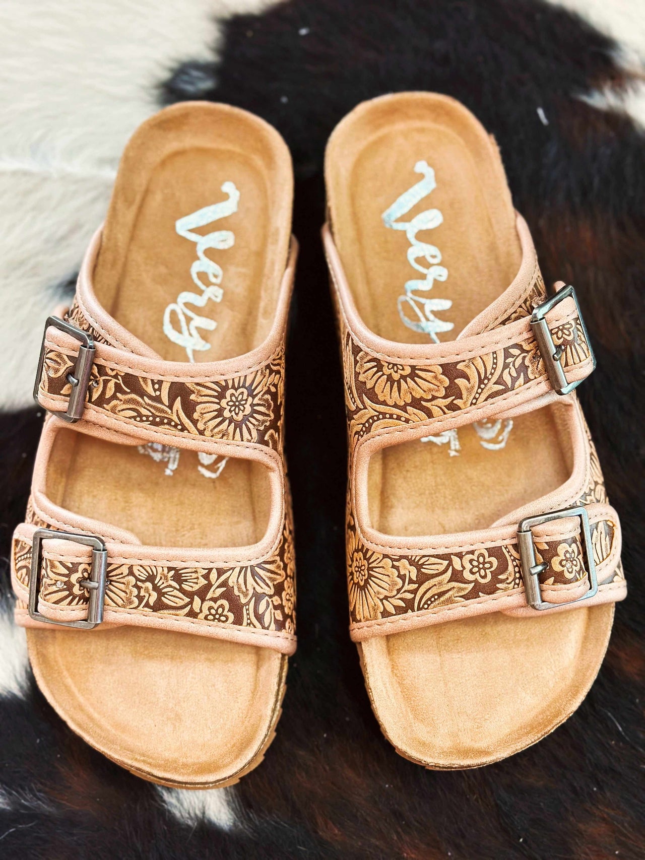 Floral tooled faux leather sandals
