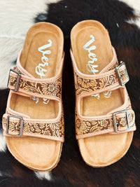 Thumbnail for Floral tooled faux leather sandals