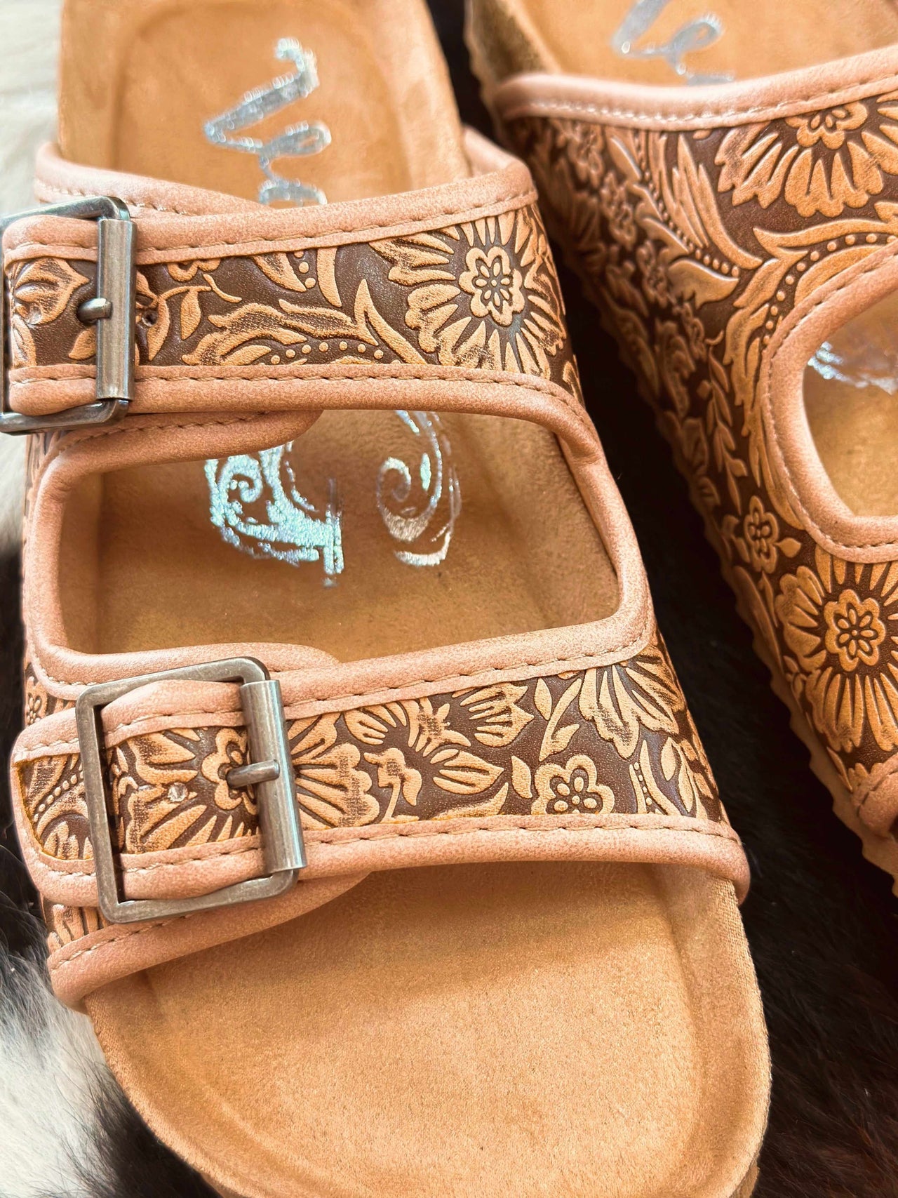 Brown floral tooled sandals