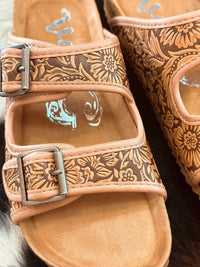 Thumbnail for Brown floral tooled sandals