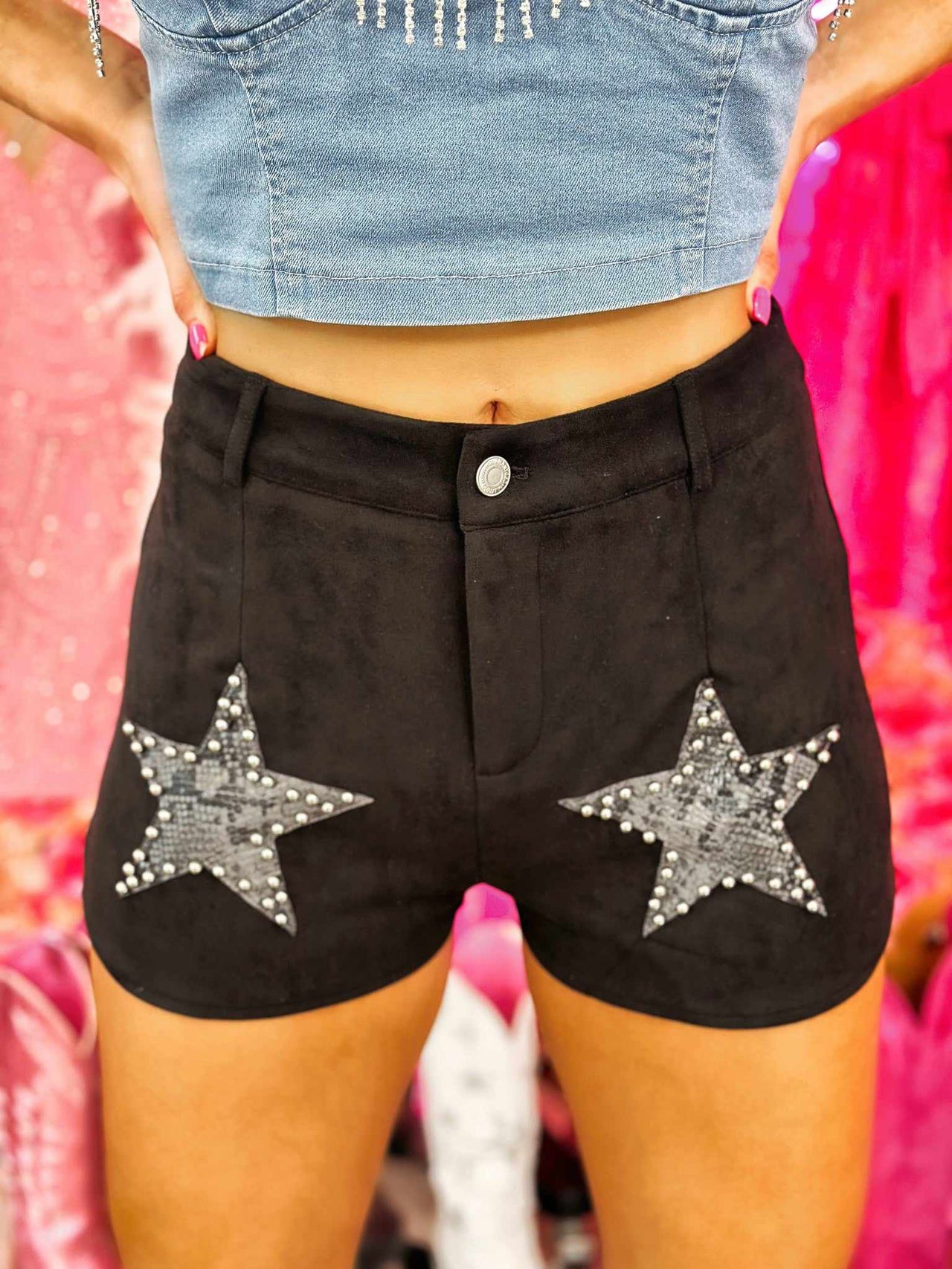 black Suede Short with Snake Print Stars