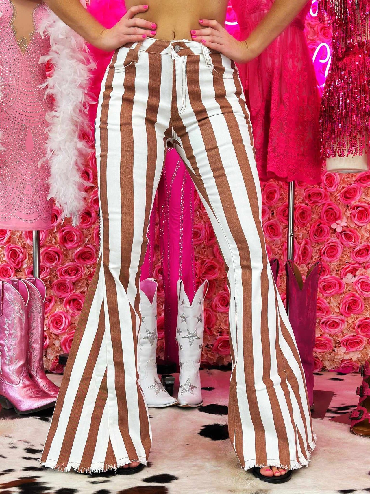 Brown striped bell bottoms with star patches