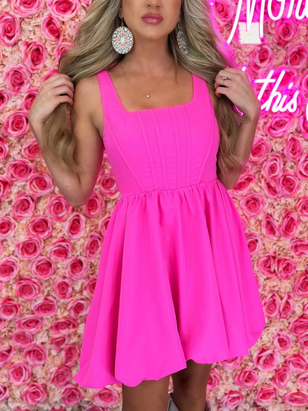 Barbie core pink sleeveless bubble skirt dress.