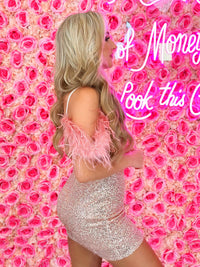Thumbnail for Champagne sequin dress with off shoulder feathers
