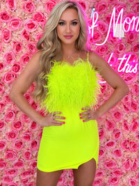 Thumbnail for Neon yellow feather bust mini dress.
