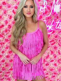Thumbnail for Pink tiered studded fringe dress