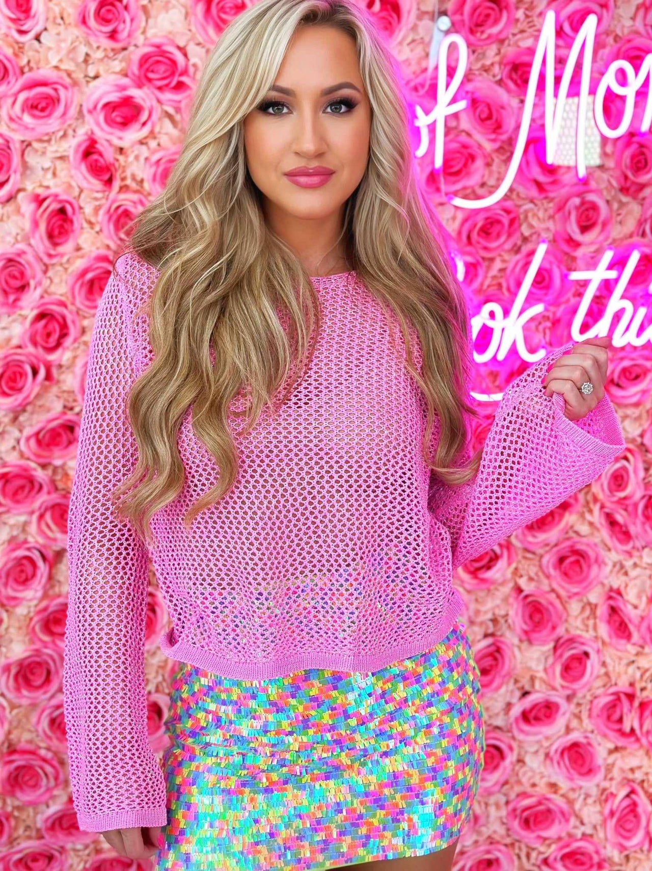 Pink crochet long sleeve top