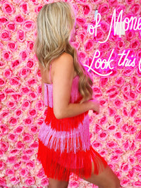 Thumbnail for Red and pink fringe mini skirt