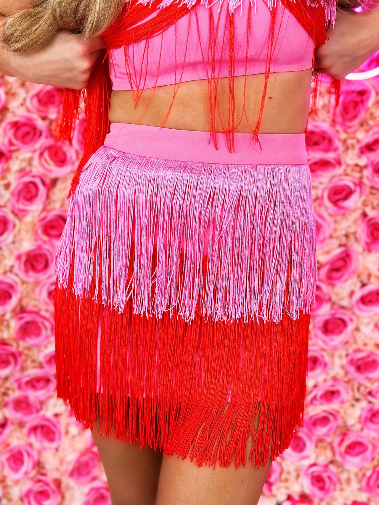 Pink and red fringe mini skirt