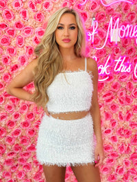 Thumbnail for Bridal separetes white feathered crop top
