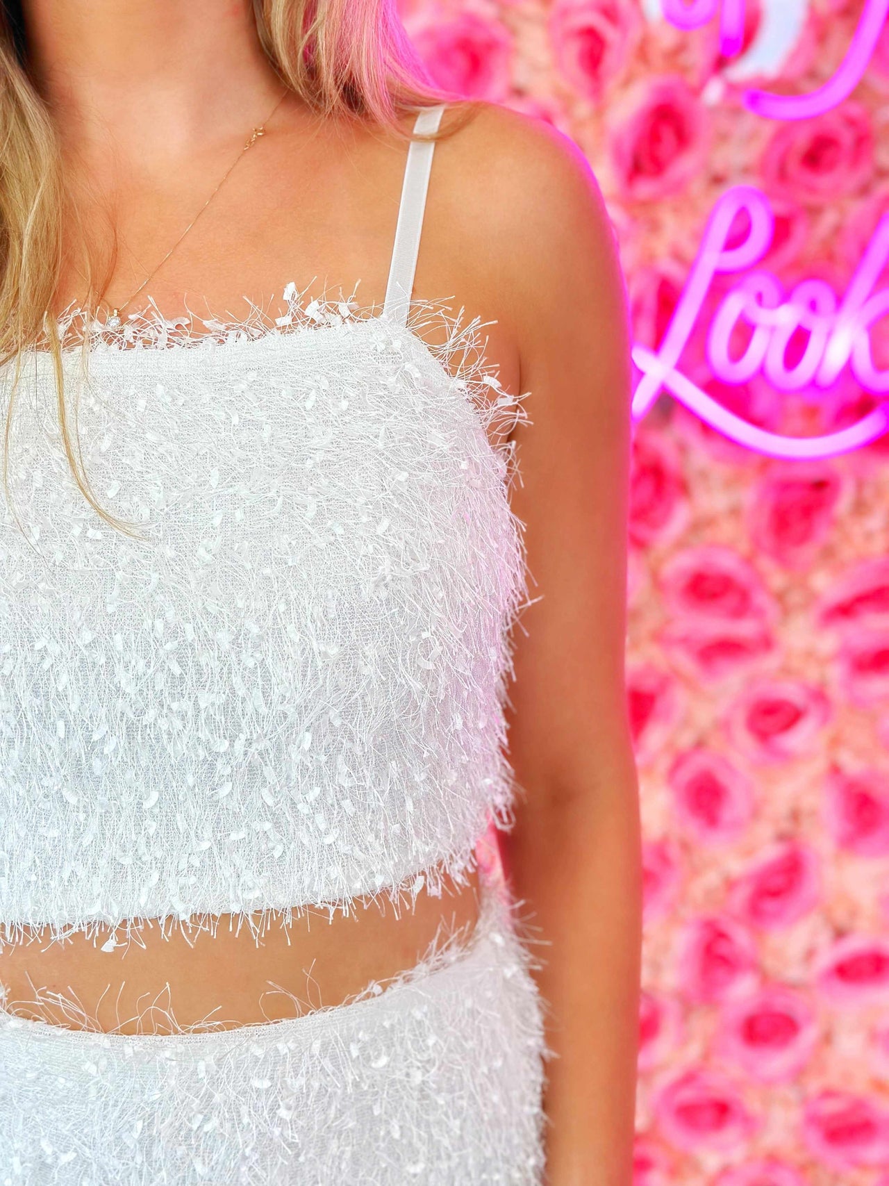 White feathered crop top