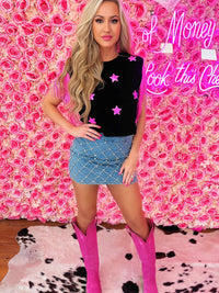 Thumbnail for Black top with pink stars and fringe sleeves