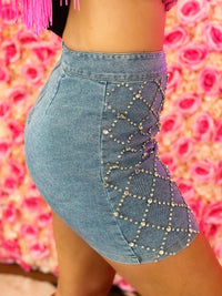 Thumbnail for Diamond rhinestone pattern jean skirt.