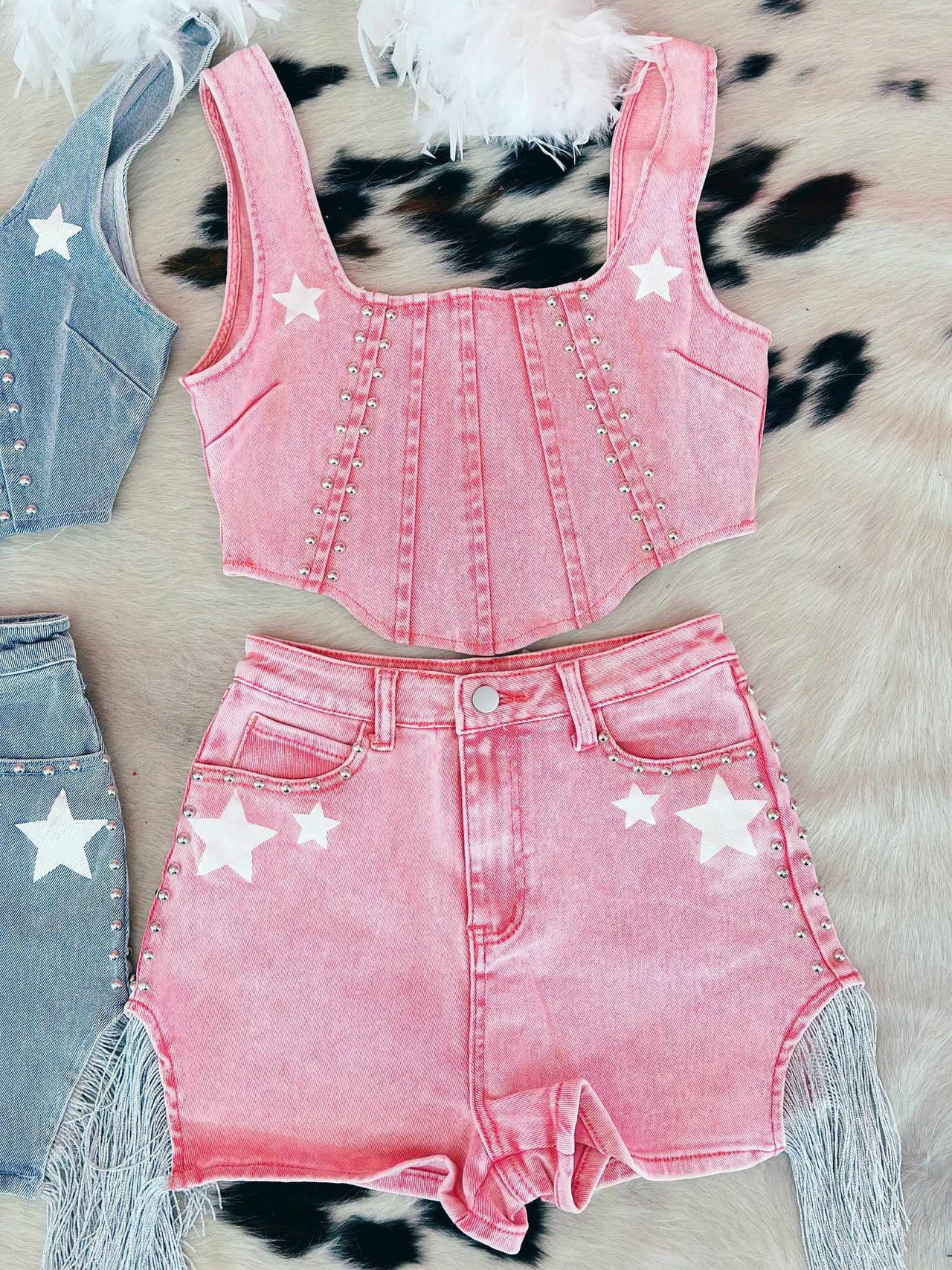 Pink denim crop top and shorts  with stars.