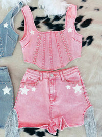 Thumbnail for Pink denim crop top and shorts  with stars.