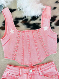 Thumbnail for Pink denim crop top with stars.