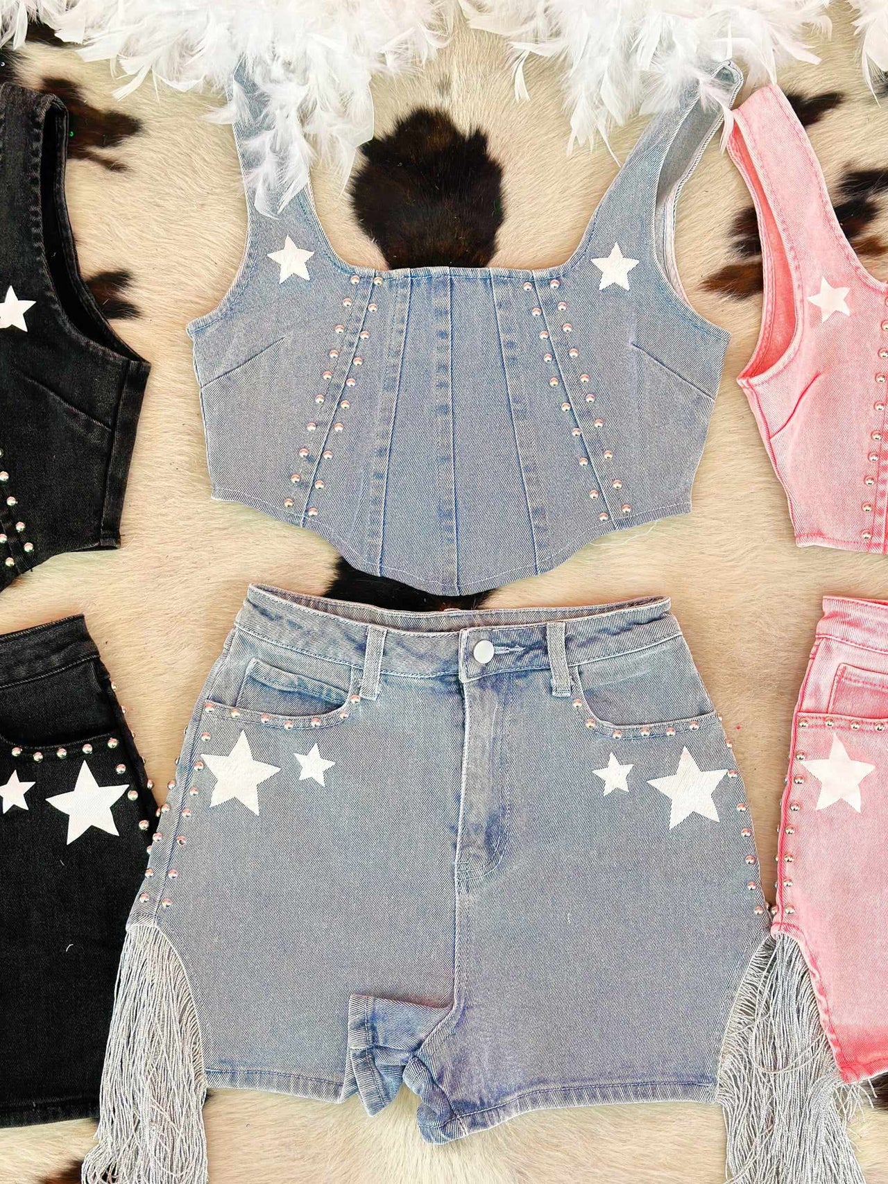 Denim crop top and shorts set with stars