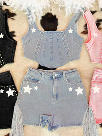 Thumbnail for Denim crop top and shorts set with stars