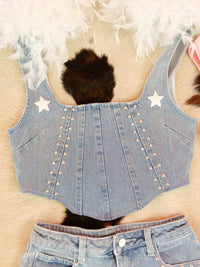 Thumbnail for Light denim crop top with stars.
