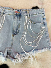 Thumbnail for Pearl chain distressed jean shorts