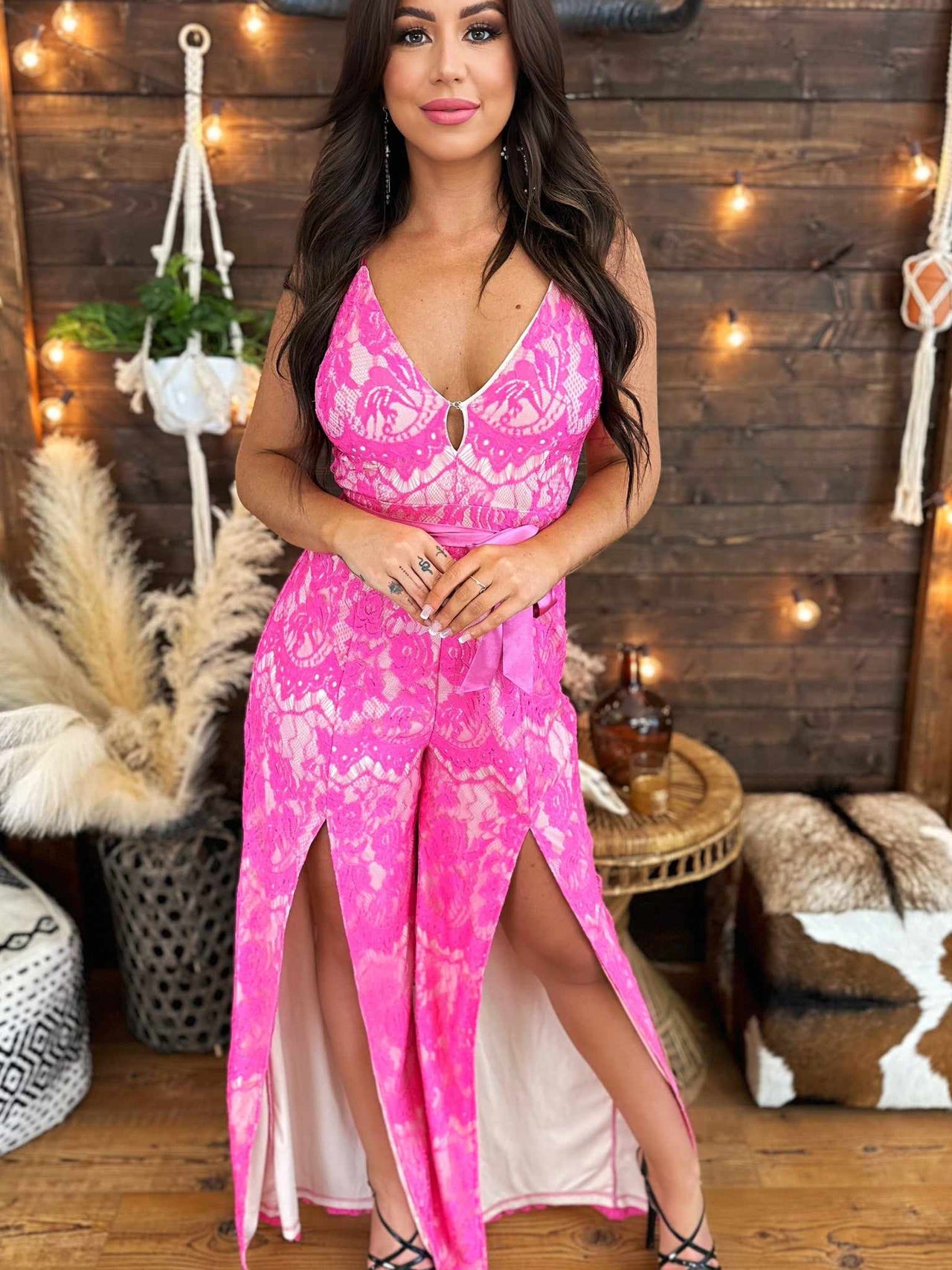 Glamorous lace back strappy smock jumpsuit in pink floral