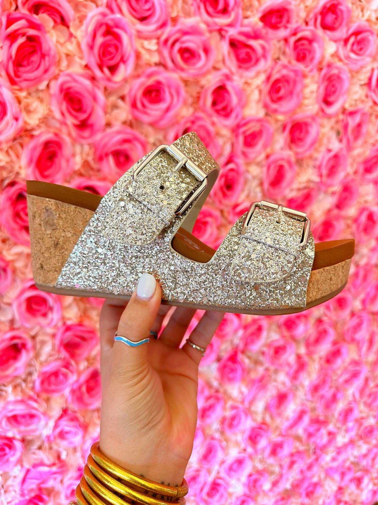 Gold glitter wedge sandal for women.