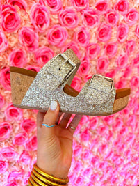 Thumbnail for Gold glitter wedge sandal for women.