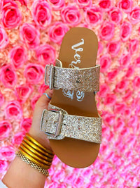 Thumbnail for Women's gold glitter wedge sandal with buckles.