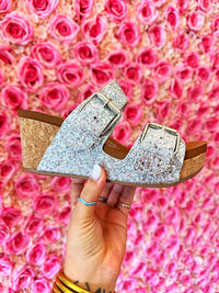 Thumbnail for Silver glitter wedge sandals for women.